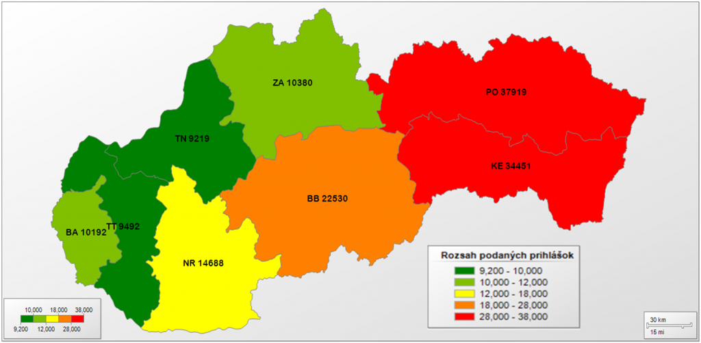 Akceptované prihlášky pre rok 2022 - rozdelenie podľa jednotlivých krajov Slovenska 